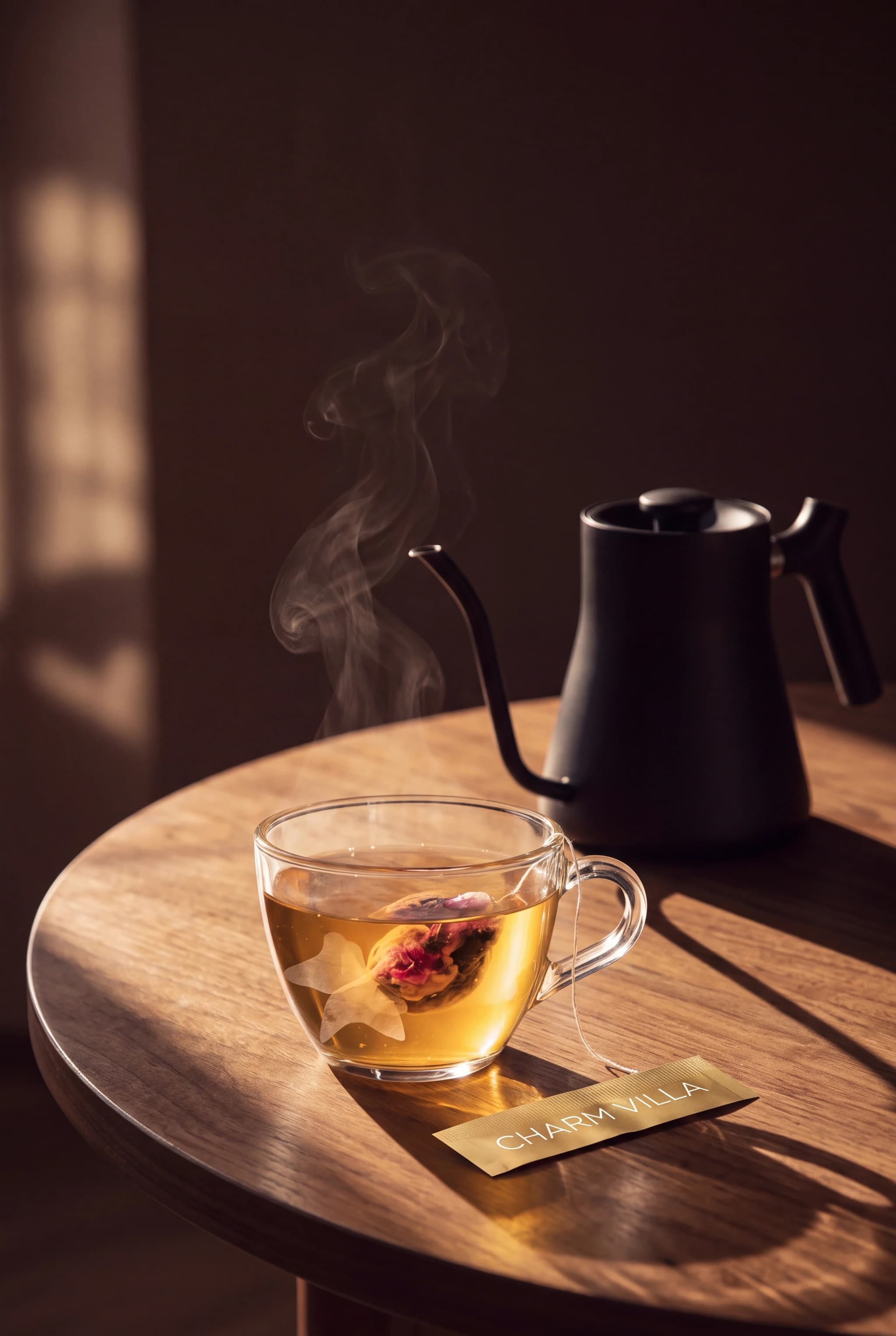 A gooseneck kettle beside a glass teacup with a brewed goldfish tea bag