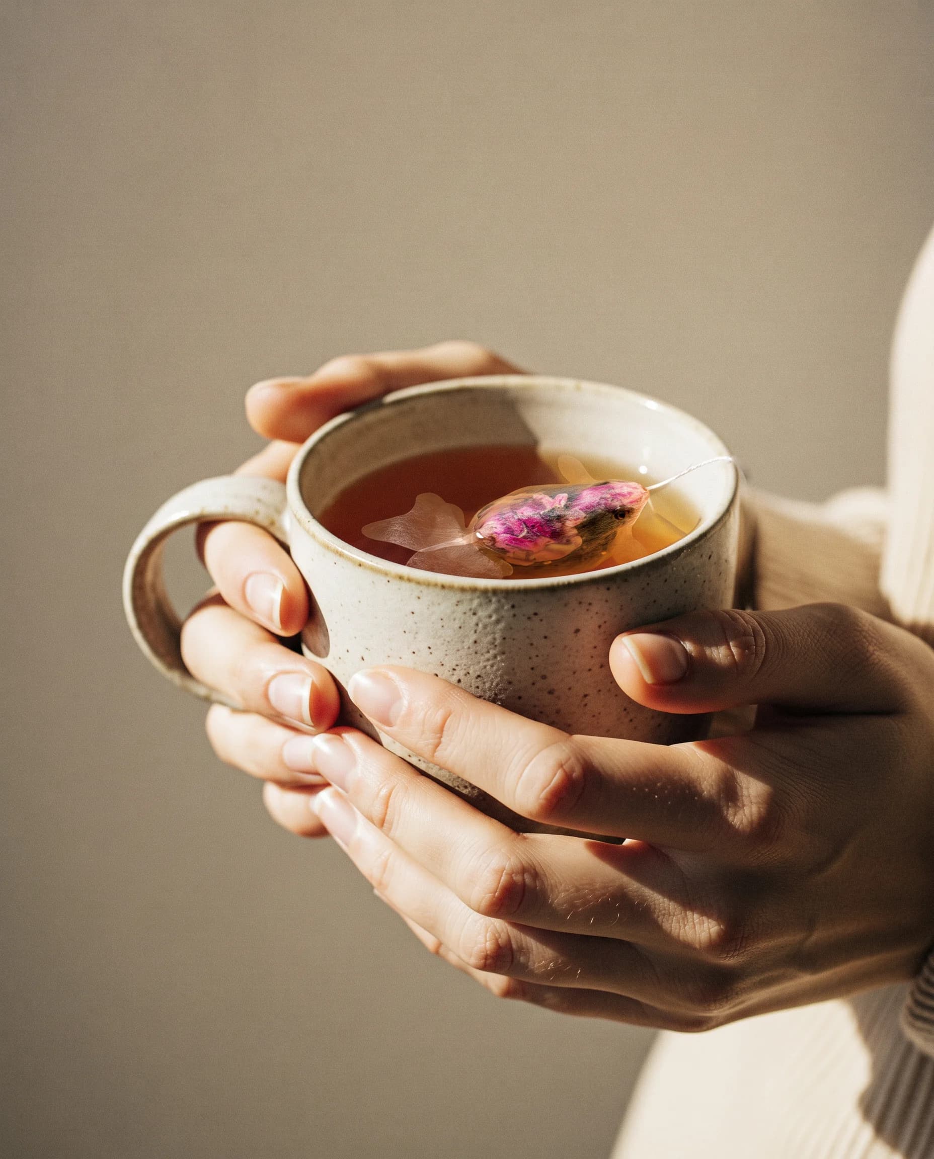 Two hands holding a cup of brewed goldfish tea