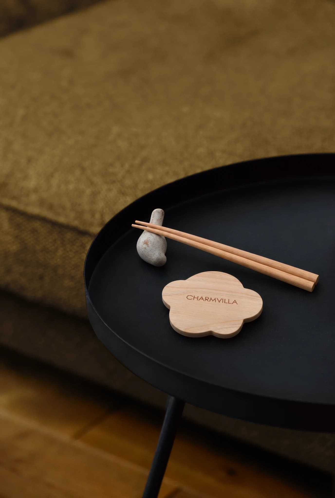 Hinoki Wood Chopsticks on a Songbird Chopstick Rest beside a Cloud Coaster