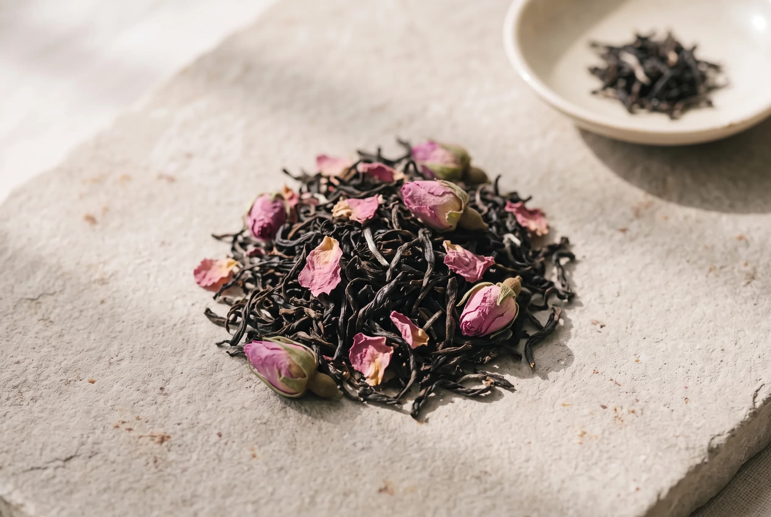 Rose & Honey-Scented Black Tea leaves with rose petals