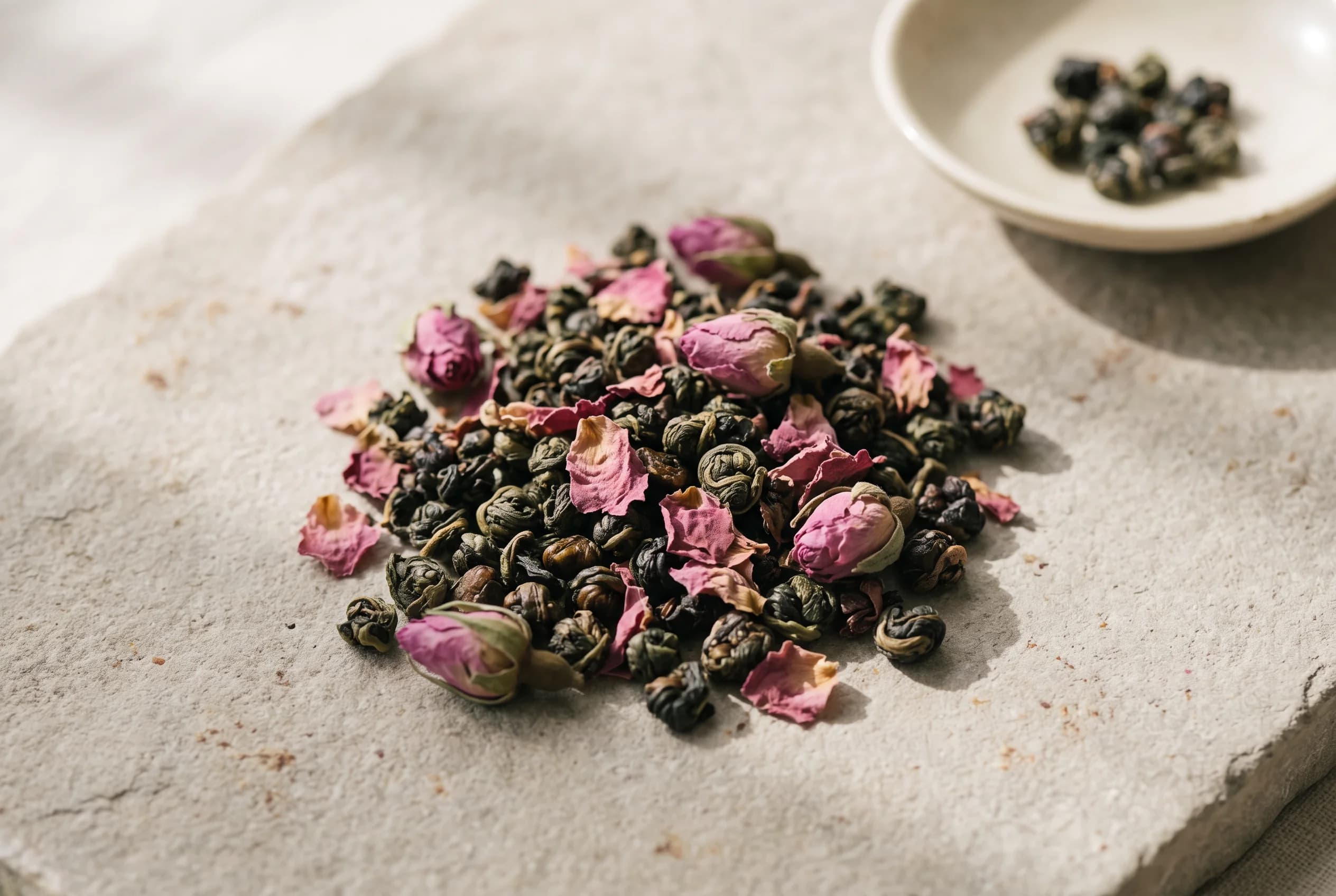 Rose Oolong Tea leaves with rose petals